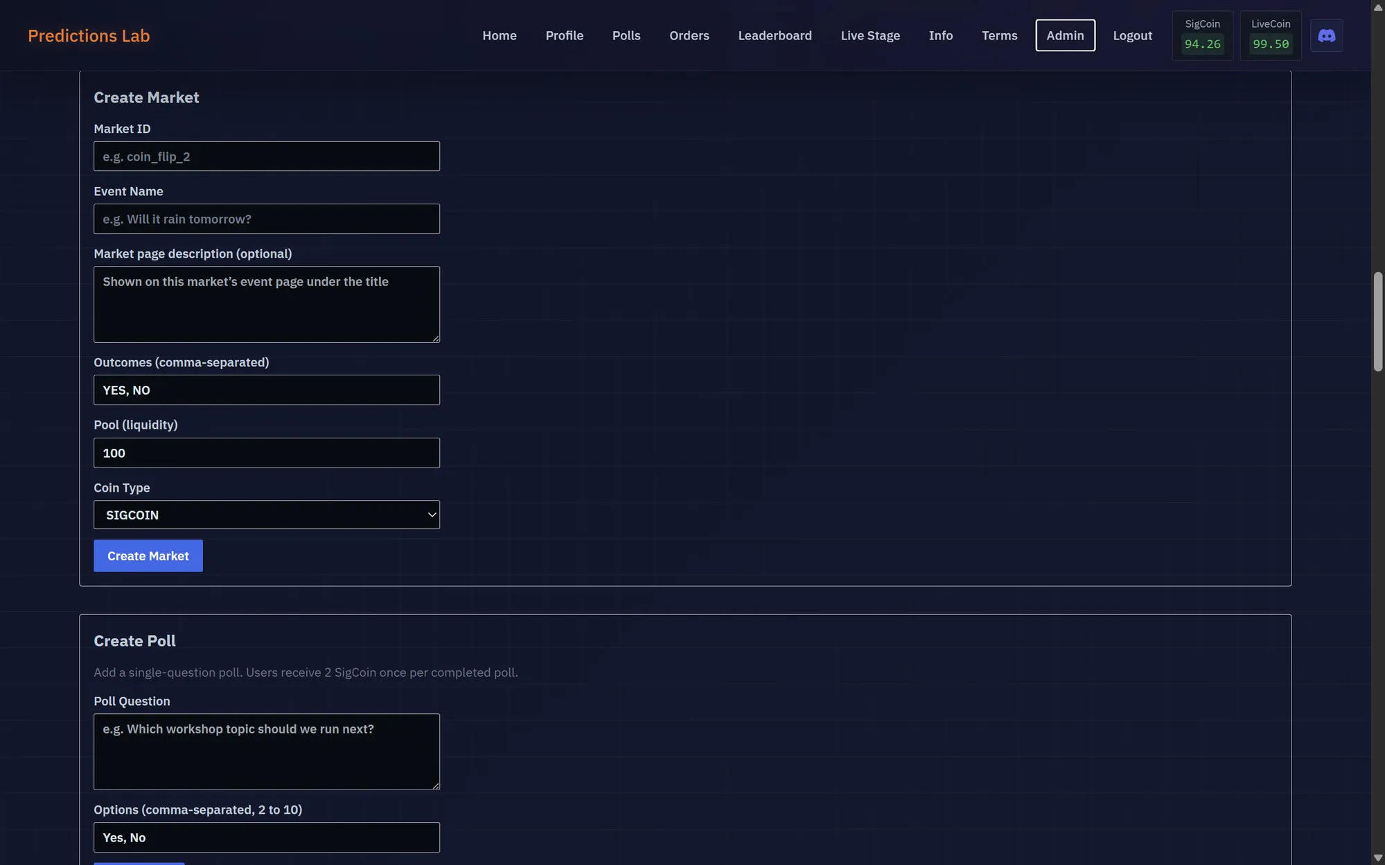Admin panel for creating a new prediction market, with fields for outcomes, liquidity pool, and coin type