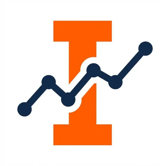 Orange and navy market chart mark on a white background