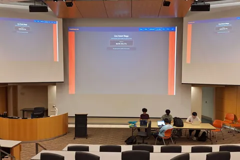 Predictions Lab's Live Event Stage projected on lecture hall screens during a demo
