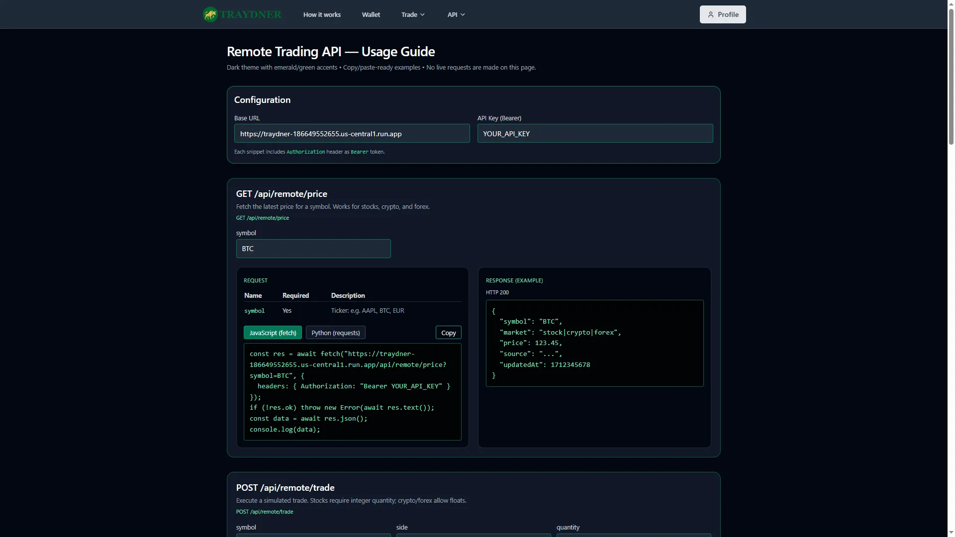 Traydner API documentation page