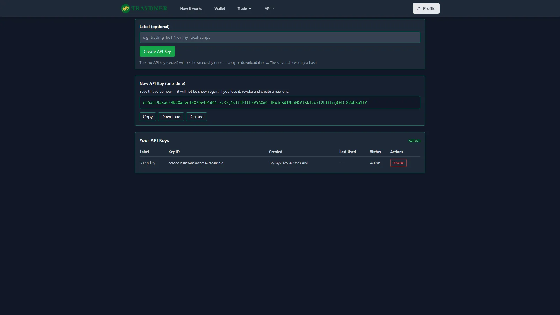 Traydner API key management page