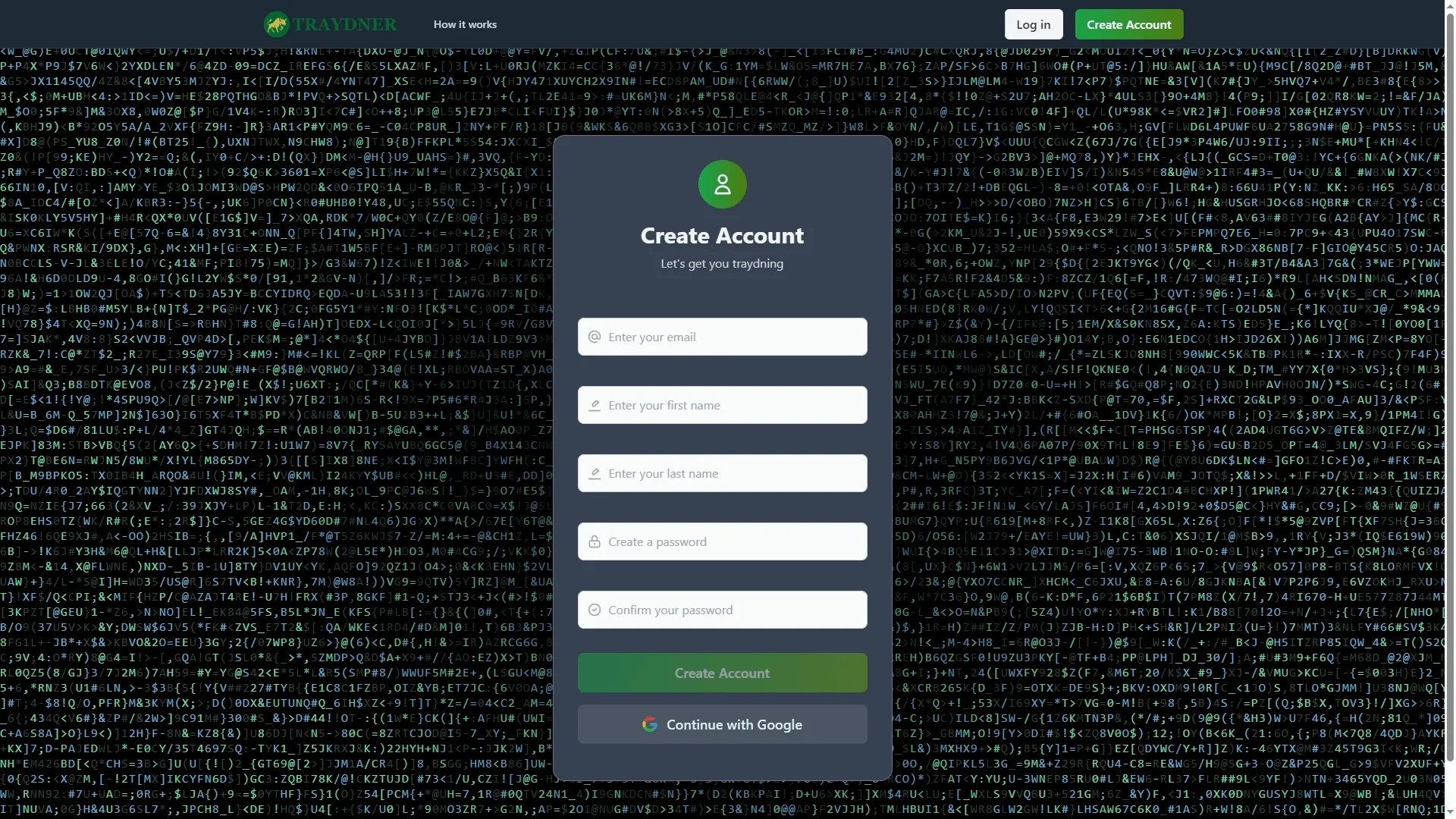 Traydner create account flow